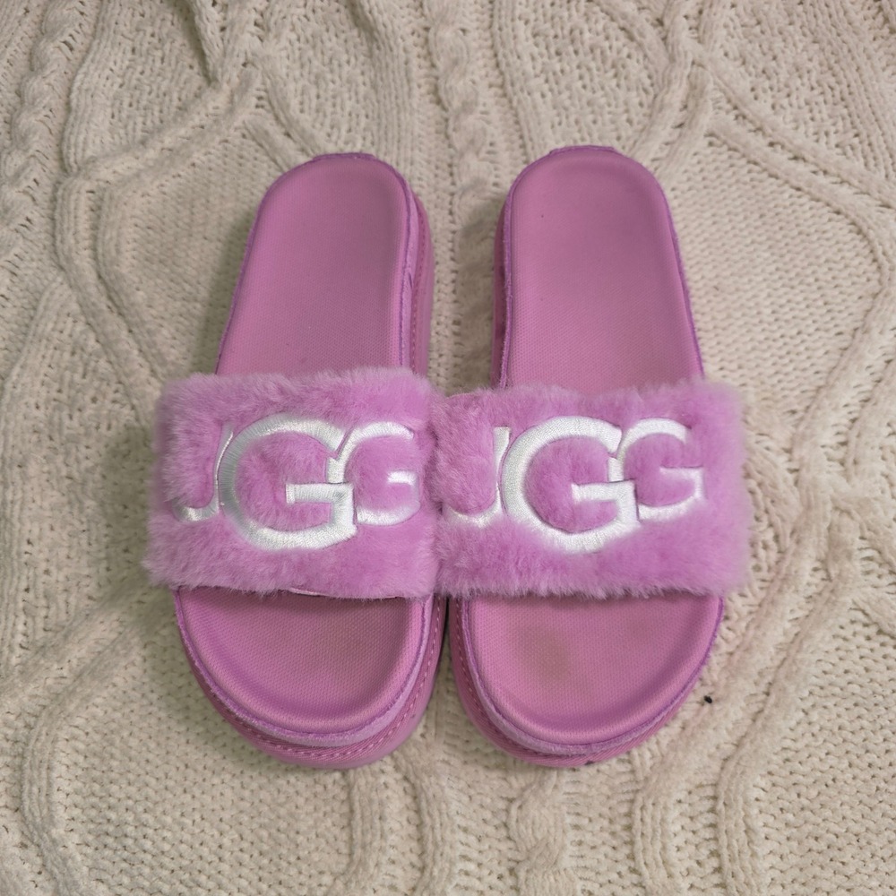 UGG Maxi Slides Platform Pink Furry Logo Sandals Womens‎ 9 Excellent